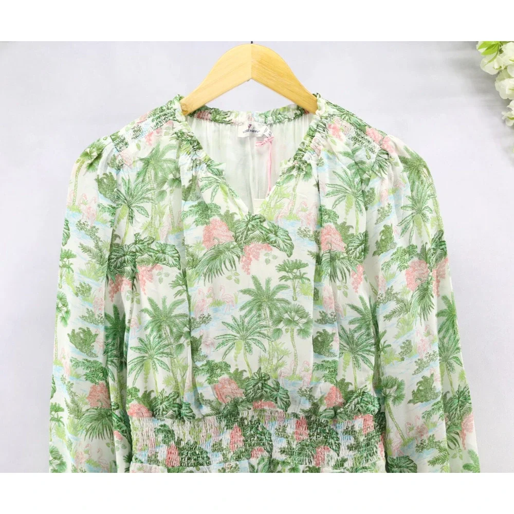 Vineyard Vines Girls Smocked Waist Dress Green Pink Palms Viscose Sz XL(16) NWT - Picture 4 of 9